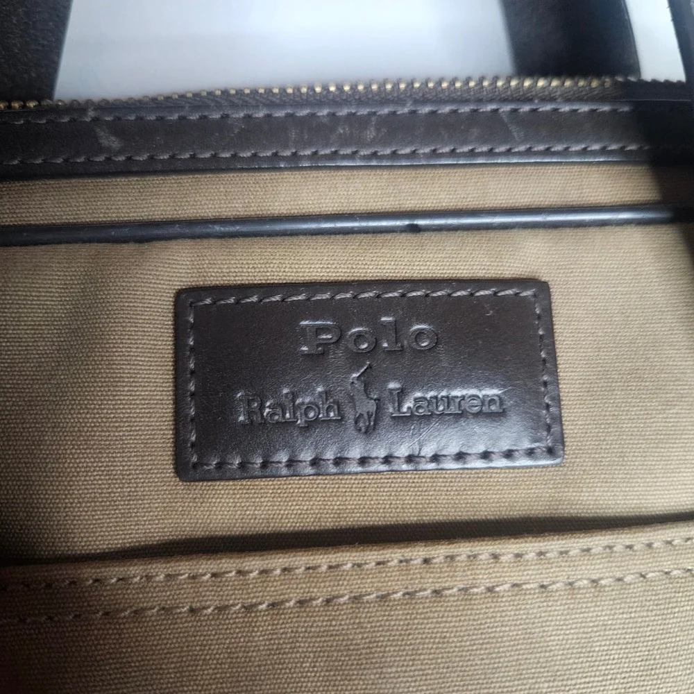 Polo Ralph Lauren Tan Canvas Leather Trim Commuter Briefcase Laptop Bag Mens